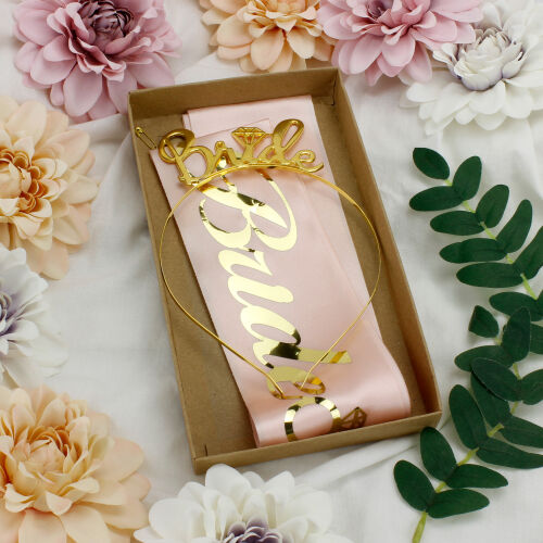 Bride To Be Gold Renk Taç Kuşak Seti - Kare Dekor (1)