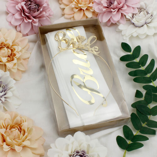 Bride To Be Gold Renk Taç Kuşak Seti Beyaz - Kare Dekor (1)