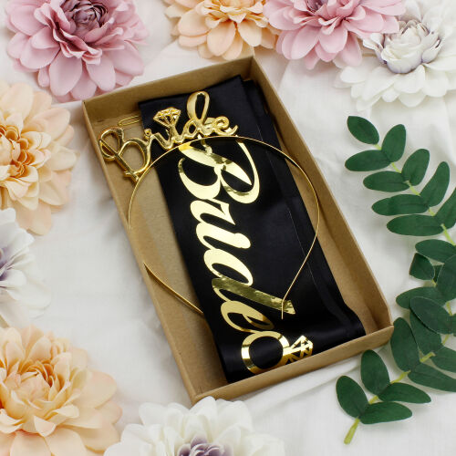 Bride To Be Gold Renk Taç Kuşak Seti Siyah - Kare Dekor (1)