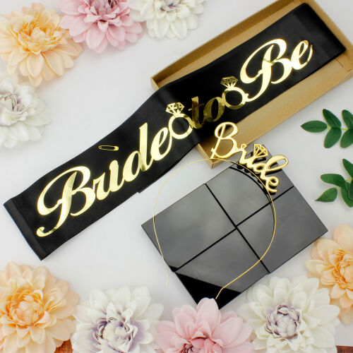 Bride To Be Gold Renk Taç Kuşak Seti Siyah - Kare Dekor