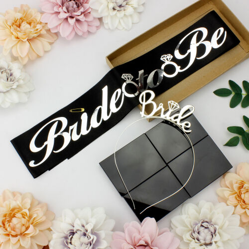 Bride To Be Gümüş Renk Taç Kuşak Seti Siyah - Kare Dekor