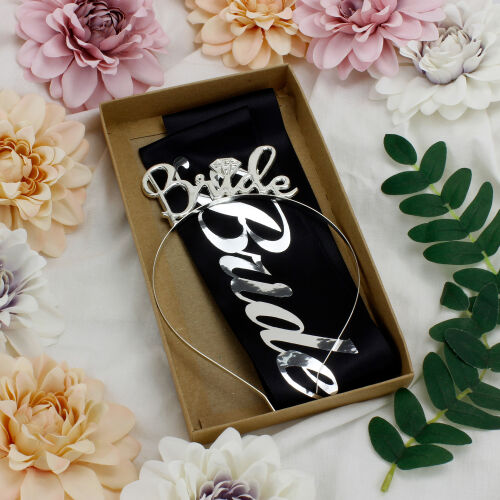 Bride To Be Gümüş Renk Taç Kuşak Seti Siyah - Kare Dekor (1)