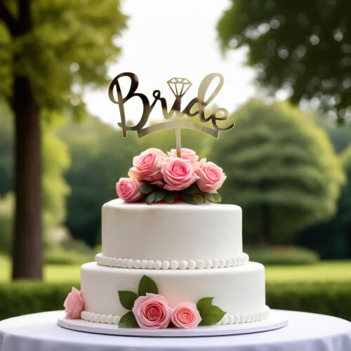 Bride Yazılı Yüzük Şekilli Pasta Süsü Gold Renk - Kare Dekor
