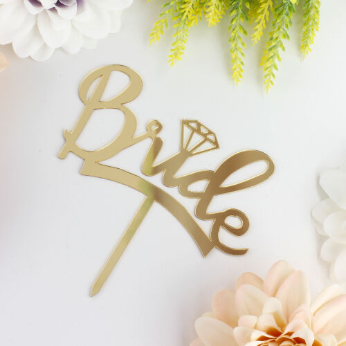 Bride Yazılı Yüzük Şekilli Pasta Süsü Gold Renk - Kare Dekor (1)