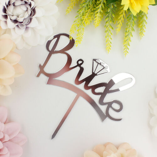 Bride Yazılı Yüzük Şekilli Pasta Süsü Gümüş Renk - Kare Dekor (1)