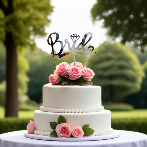 Bride Yazılı Yüzük Şekilli Pasta Süsü Gümüş Renk - Kare Dekor