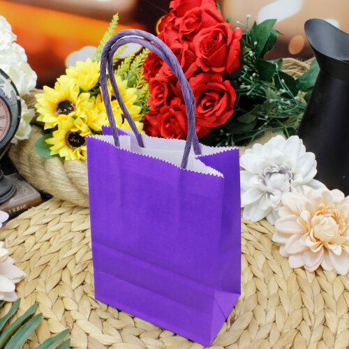 Büküm Saplı Mor Kağıt Çanta 12'li Paket - Kare Dekor