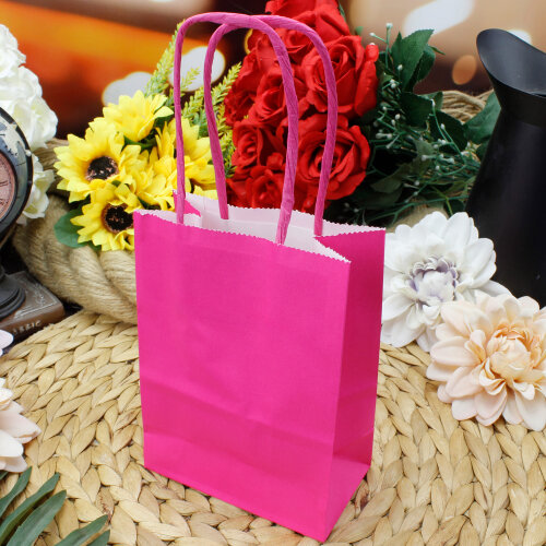 Büküm Saplı Pembe Kağıt Çanta 12'li Paket - Kare Dekor