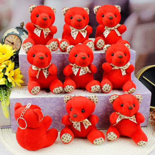 Büyük Boy Desenli Peluş Ayıcık Anahtarlık Kırmızı 12'li Paket - Kare Dekor