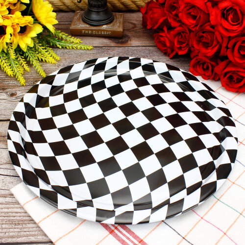 Çapraz Dama Desenli Yuvarlak Metal Tepsi 28 CM - Toptanalim