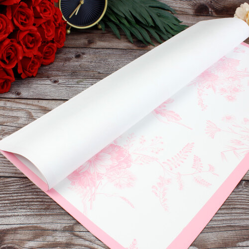 Çiçek Buket Ambalaj Kağıdı Beyaz Pembe Çiçek Desenli 20'li Paket - Kare Dekor