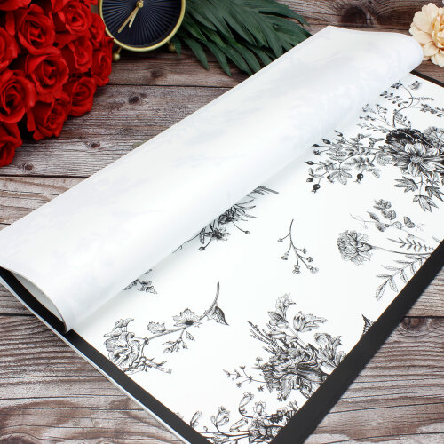 Çiçek Buket Ambalaj Kağıdı Beyaz Siyah Çiçek Desenli 20'li Paket - Kare Dekor