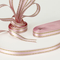 Çift Taraflı Simli Gold Şerit Saten Kurdele Pembe - 2