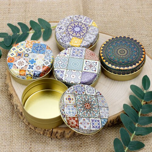 Çini Desen 100CC Yuvarlak Dekoratif Mum Teneke Kutu 7X3CM - Kare Dekor (1)