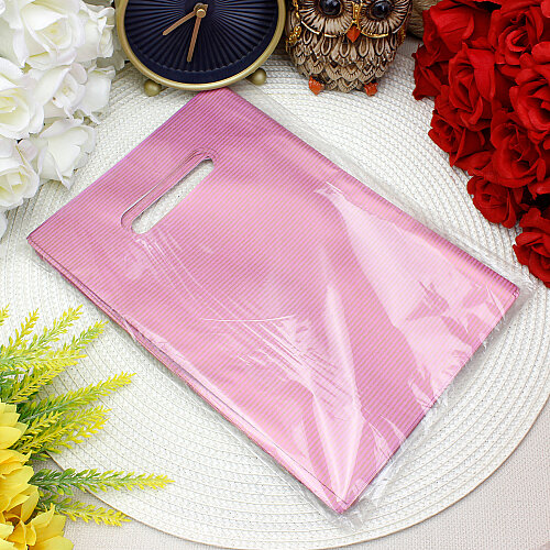 Çizgili Desenli Hediyelik El Geçme Poşeti Pembe 17x25 cm 50’li Paket - Toptanalim (1)