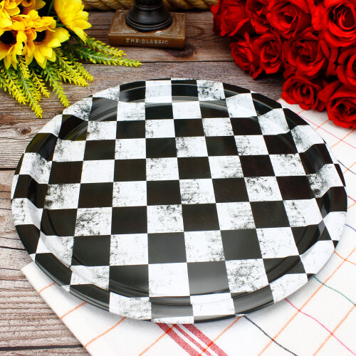 Dama Desenli Dekoratif Yuvarlak Metal Tepsi 28 CM - Toptanalim