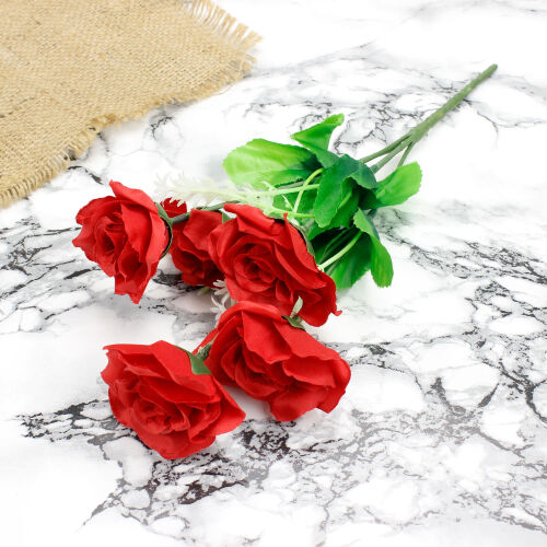 Dekoratif Çiçek 5 Dallı Yapay Kumaş Gül Demet Kırmızı 30CM - Kare Dekor