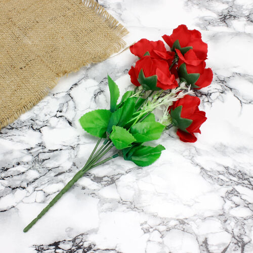 Dekoratif Çiçek 5 Dallı Yapay Kumaş Gül Demet Kırmızı 30CM - Kare Dekor (1)