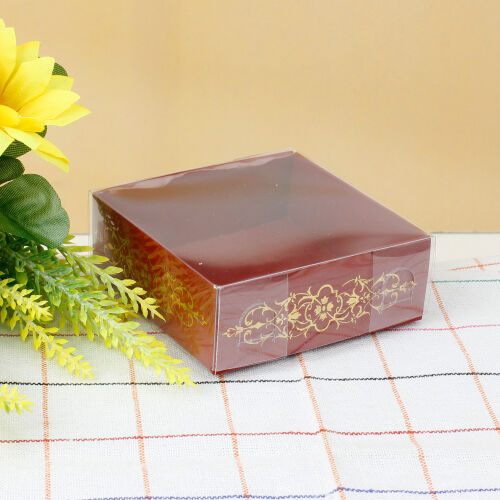 Desenli Altı Kırmızı Karton Üstü Asetat Kutu 8x8x3CM - Kare Dekor