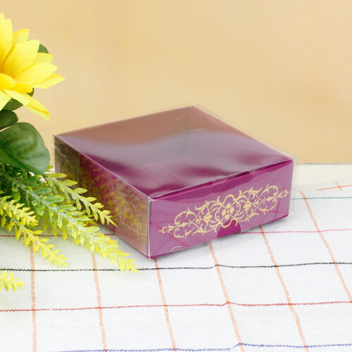Desenli Altı Mor Karton Üstü Asetat Kutu 8x8x3CM - Kare Dekor