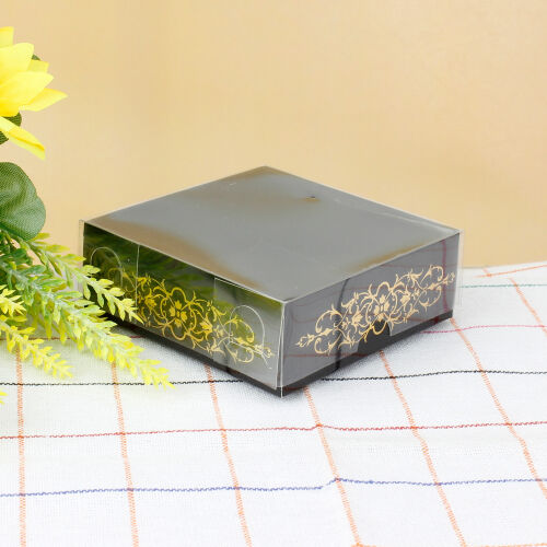 Desenli Altı Siyah Karton Üstü Asetat Kutu 8x8x3CM - Kare Dekor