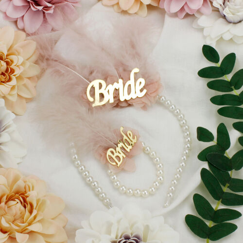 Gold Yazı Bride Pembe Tüylü İnci Taç İnci Bileklik Seti - Kare Dekor
