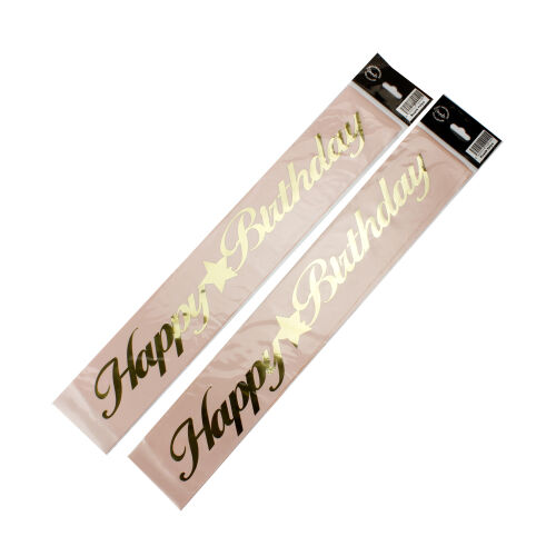 Gold Yazı Happy Birthday Pembe Renk Kuşak - Kare Dekor (1)