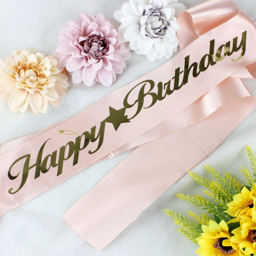 Gold Yazı Happy Birthday Pembe Renk Kuşak - Kare Dekor