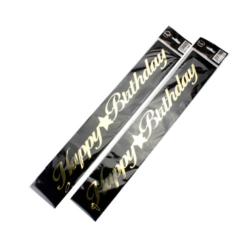 Gold Yazı Happy Birthday Siyah Renk Kuşak - Kare Dekor