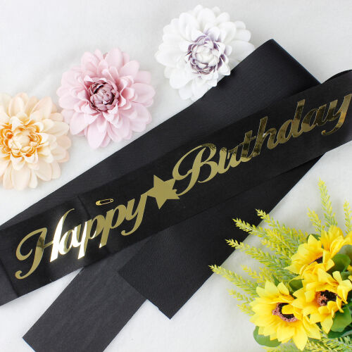 Gold Yazı Happy Birthday Siyah Renk Kuşak - Kare Dekor (1)