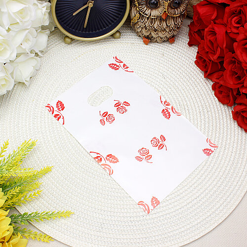Gül Desenli Hediyelik El Geçme Poşeti Beyaz Kırmızı 13x20 cm 50’li Paket - Toptanalim