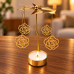  Gül Figürlü Isı ile Dönen Metal Tealight Mumluk Gold - 1