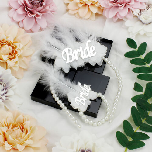 Gümüş Yazı Bride Beyaz Tüylü İnci Taç İnci Bileklik Seti - Kare Dekor