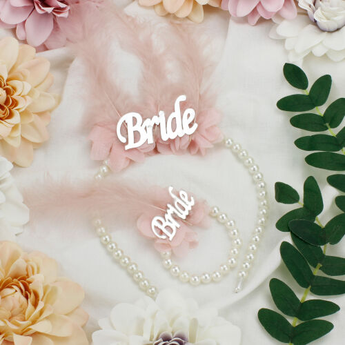 Gümüş Yazı Bride Pembe Tüylü İnci Taç İnci Bileklik Seti - Kare Dekor