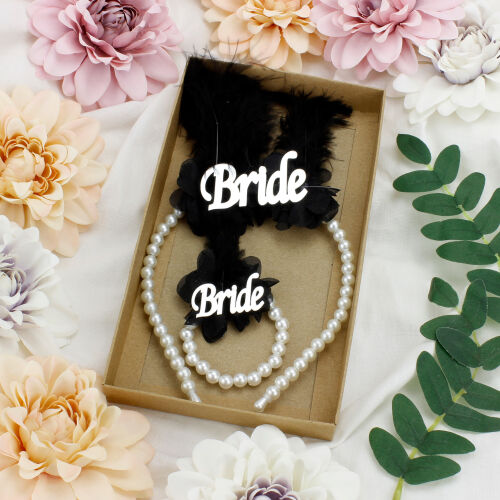 Gümüş Yazı Bride Siyah Tüylü İnci Taç İnci Bileklik Seti - Kare Dekor (1)