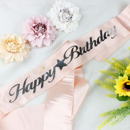 Gümüş Yazı Happy Birthday Pembe Renk Kuşak - Kare Dekor
