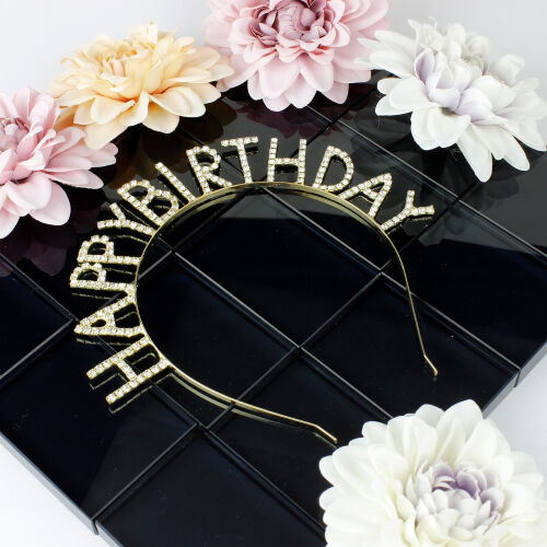 Happy Birthday Taşlı Gold Renk Metal Taç - Kare Dekor