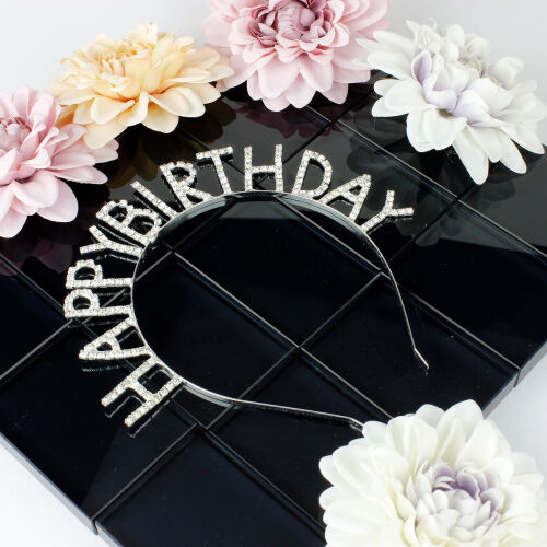 Happy Birthday Taşlı Gümüş Renk Metal Taç - Kare Dekor