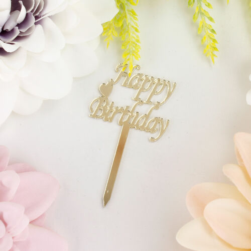 Happy Birthday Yazılı Kalpli Pasta Süsü Gold Renk 8'li Paket - Kare Dekor (1)