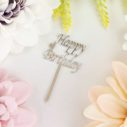 Happy Birthday Yazılı Kalpli Pasta Süsü Gümüş Renk 8'li Paket - Kare Dekor (1)