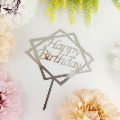 Happy Birthday Yazılı Kare Şekilli Pasta Süsü Gümüş Renk - Kare Dekor (1)