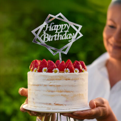 Happy Birthday Yazılı Kare Şekilli Pasta Süsü Gümüş Renk - Kare Dekor
