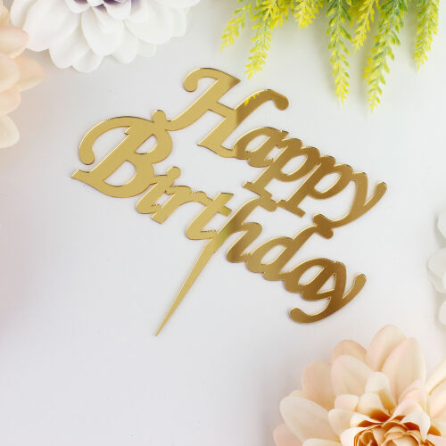 Happy Birthday Yazılı Pasta Süsü Gold Renk - Kare Dekor (1)