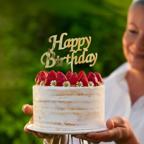 Happy Birthday Yazılı Pasta Süsü Gold Renk - Kare Dekor