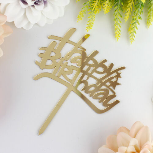Happy Birthday Yazılı Şekilli Pasta Süsü Gold Renk - Kare Dekor (1)