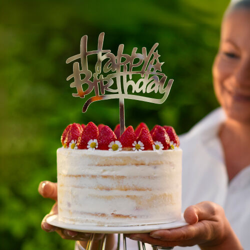 Happy Birthday Yazılı Şekilli Pasta Süsü Gold Renk - Kare Dekor