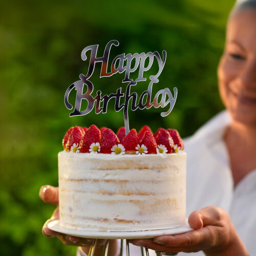 Happy Birthday Yazılı Pasta Süsü Gümüş Renk - Kare Dekor
