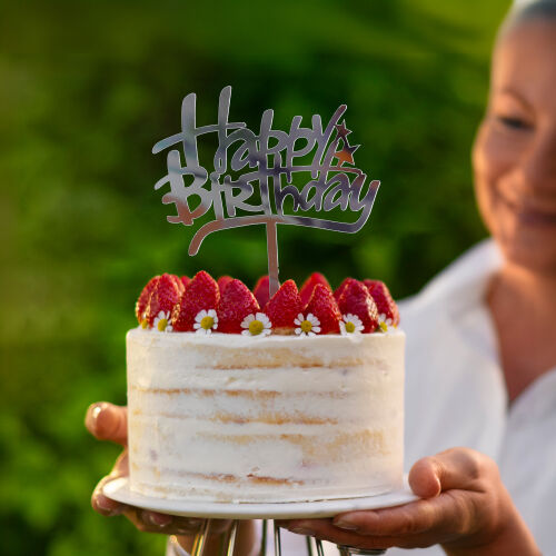 Happy Birthday Yazılı Şekilli Pasta Süsü Gümüş Renk - Kare Dekor