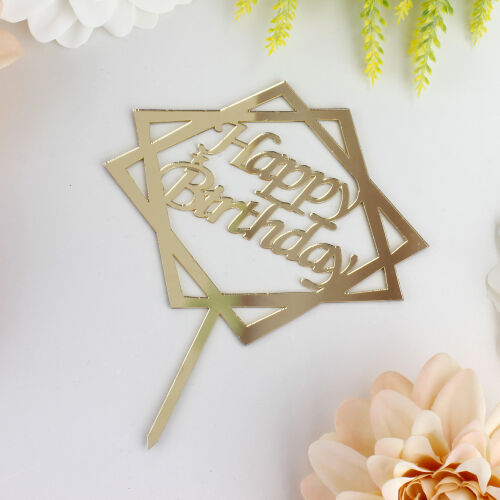 Happy Birthday Yazılı Kare Şekilli Pasta Süsü Gold Renk - Kare Dekor (1)