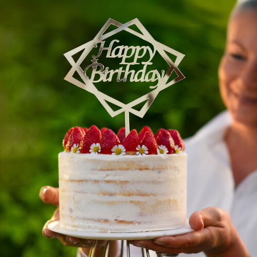 Happy Birthday Yazılı Kare Şekilli Pasta Süsü Gold Renk - Kare Dekor